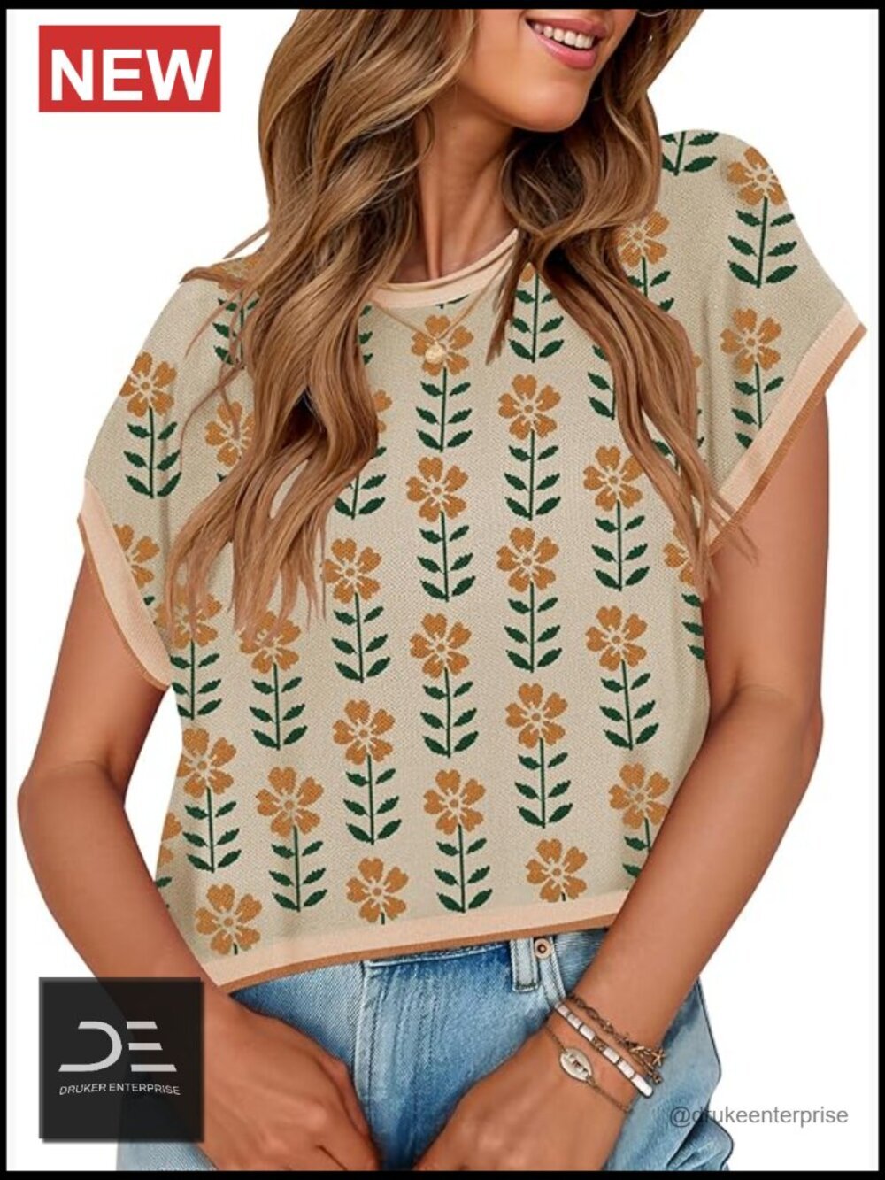 Loose Knit Tank Top Summer Floral Print Cap Sleeve Crewneck Pullover